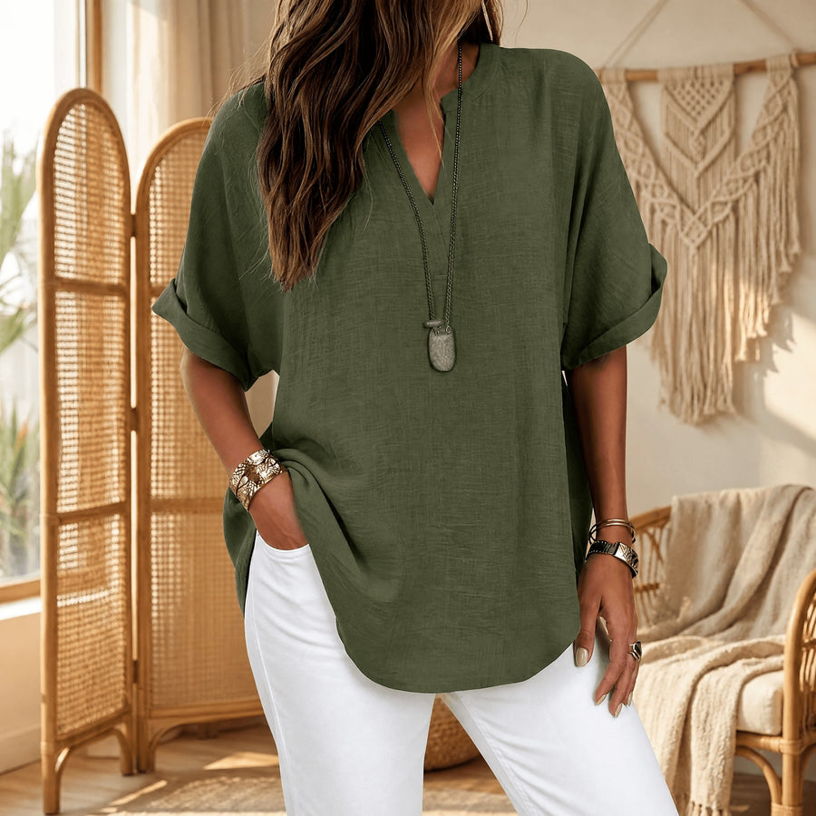 Callista Women's V-Neck Relaxed Blouse in Green