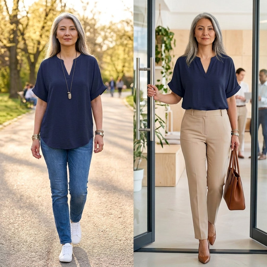 Callista Women's V-Neck Relaxed Blouse in Navy blue
