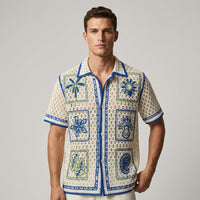 Callum Crochet Embroidered Camp Shirt in Beige