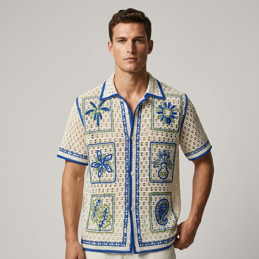Callum Crochet Embroidered Camp Shirt in Beige