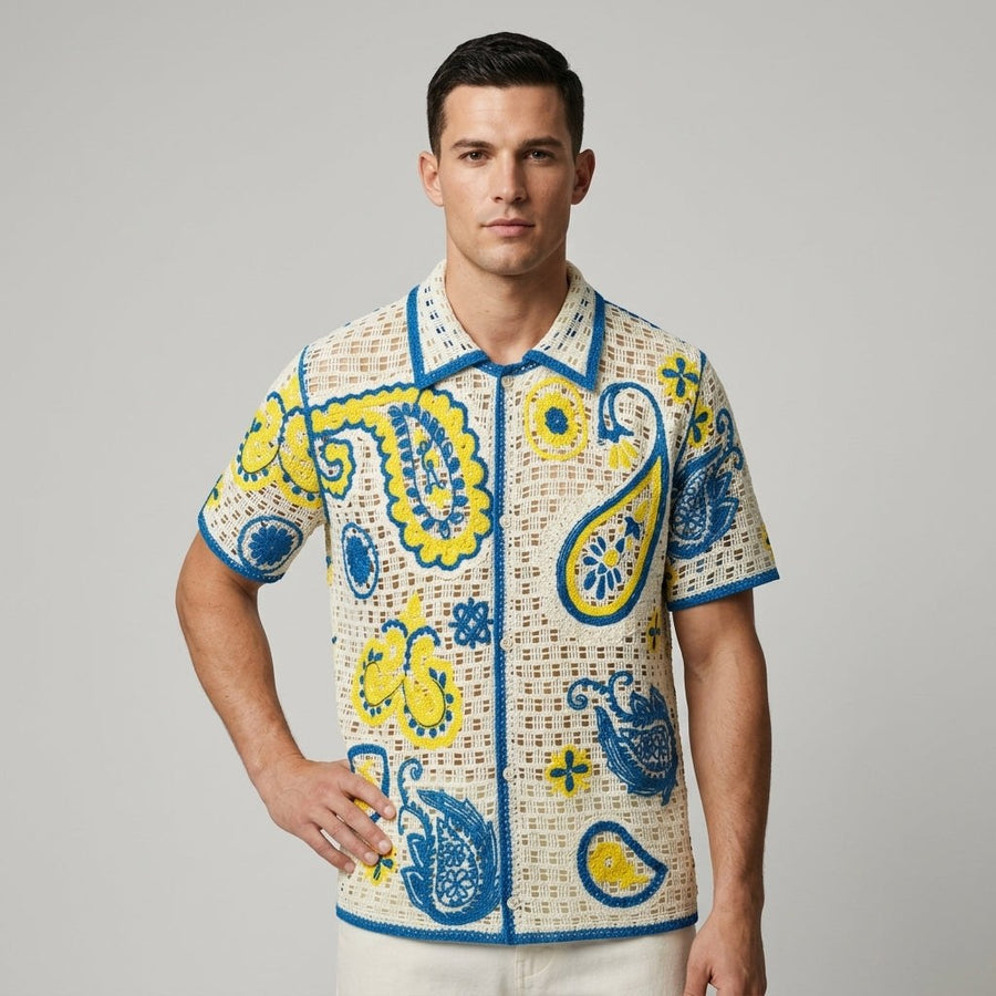 Callum Crochet Embroidered Camp Shirt in Canary Yellow