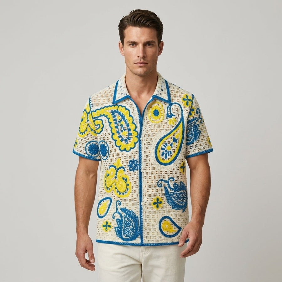 Callum Crochet Embroidered Camp Shirt in Canary Yellow