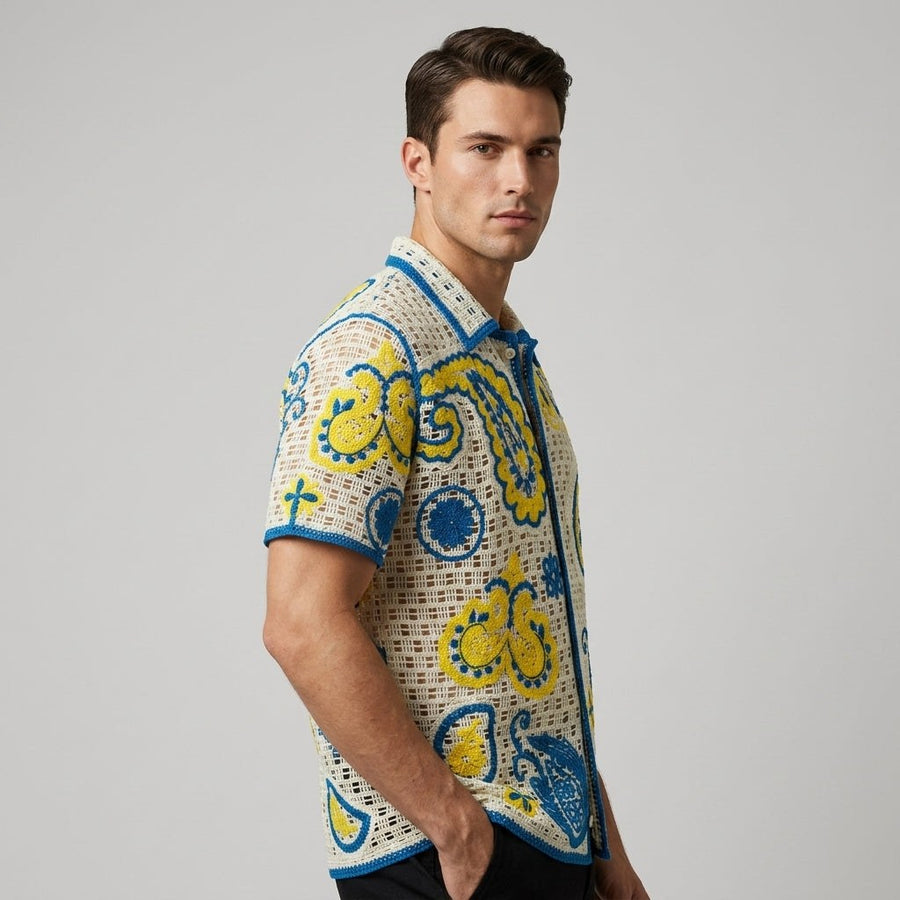 Callum Crochet Embroidered Camp Shirt in Canary Yellow