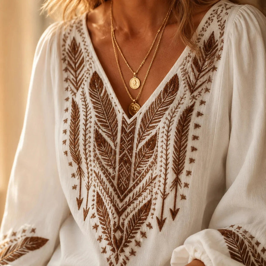 Calvara Women's Boho Embroidered V-Neck Blouse