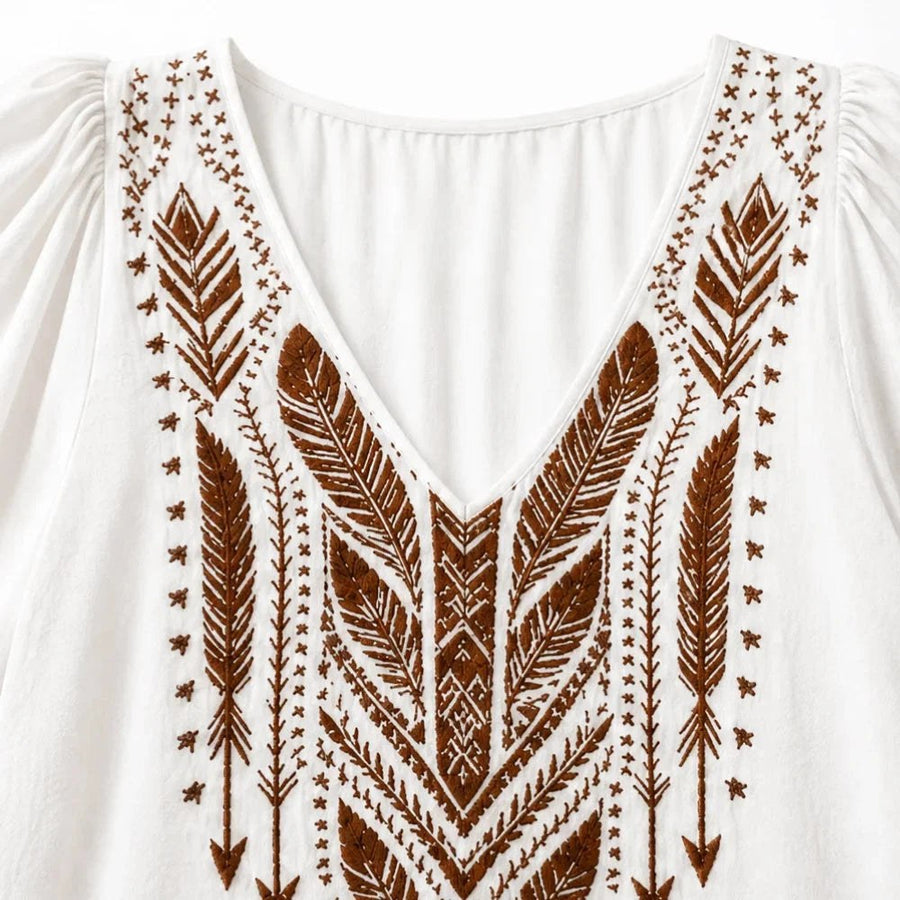 Calvara Women's Boho Embroidered V-Neck Blouse