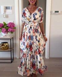 Calveth Women's Floral Maxi Dress Pleated in White
