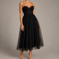 Calveth Women's Tulle Midi Dress Corset in Black