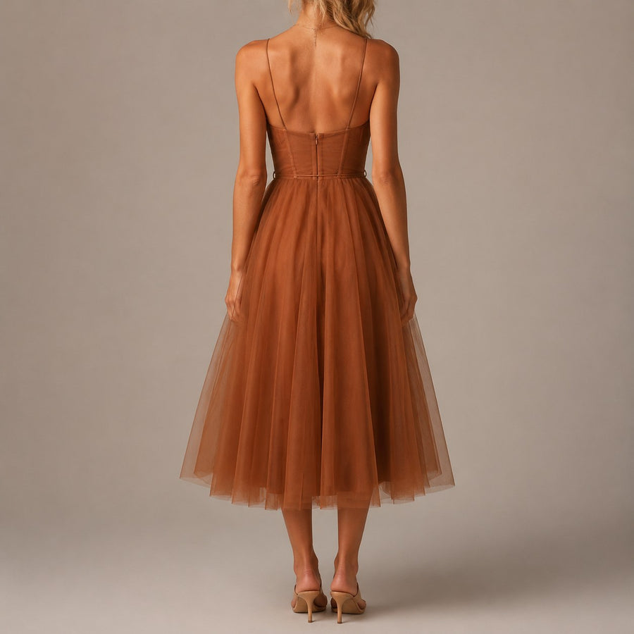 Calveth Women's Tulle Midi Dress Corset in Orange