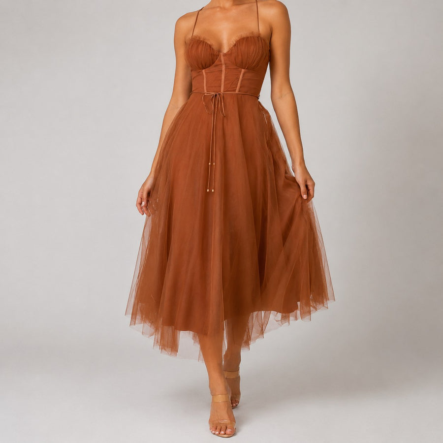 Calveth Women's Tulle Midi Dress Corset in Orange