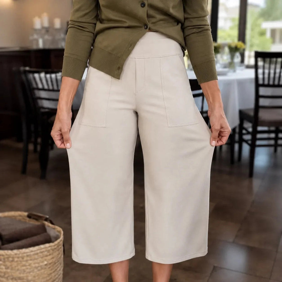 Calveth Women's Wide Leg Cropped Pants with Pockets in Apricot