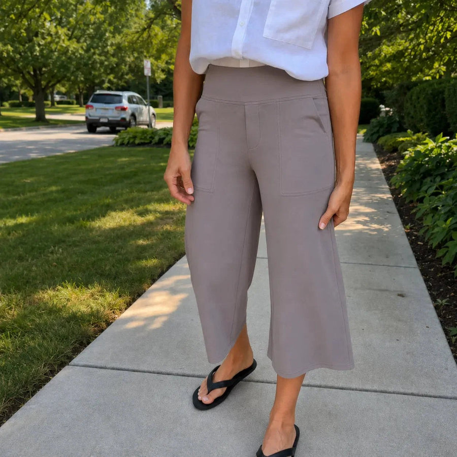 Calveth Women's Wide Leg Cropped Pants with Pockets in Taupe