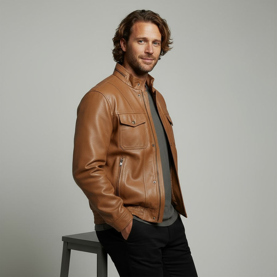 Calvin Leather Field Jacket in Sienna Brown
