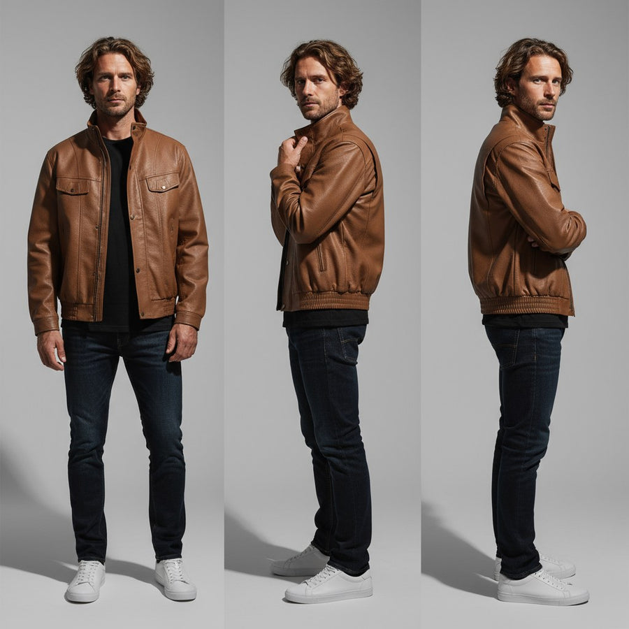 Calvin Leather Field Jacket in Sienna Brown