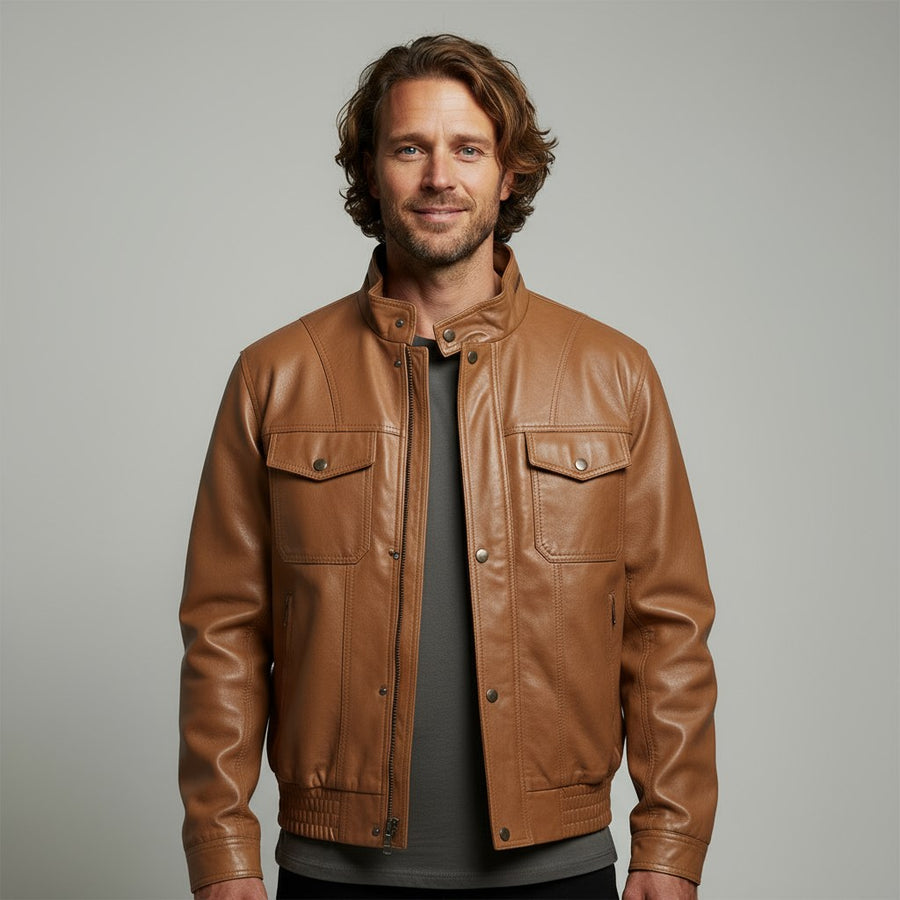 Calvin Leather Field Jacket in Sienna Brown