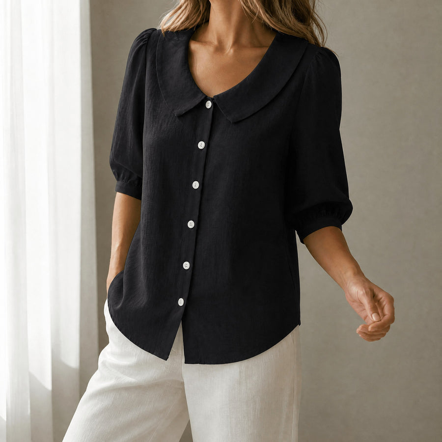 Calvine Women's Peter Pan Collar Button-Up Blouse in Black