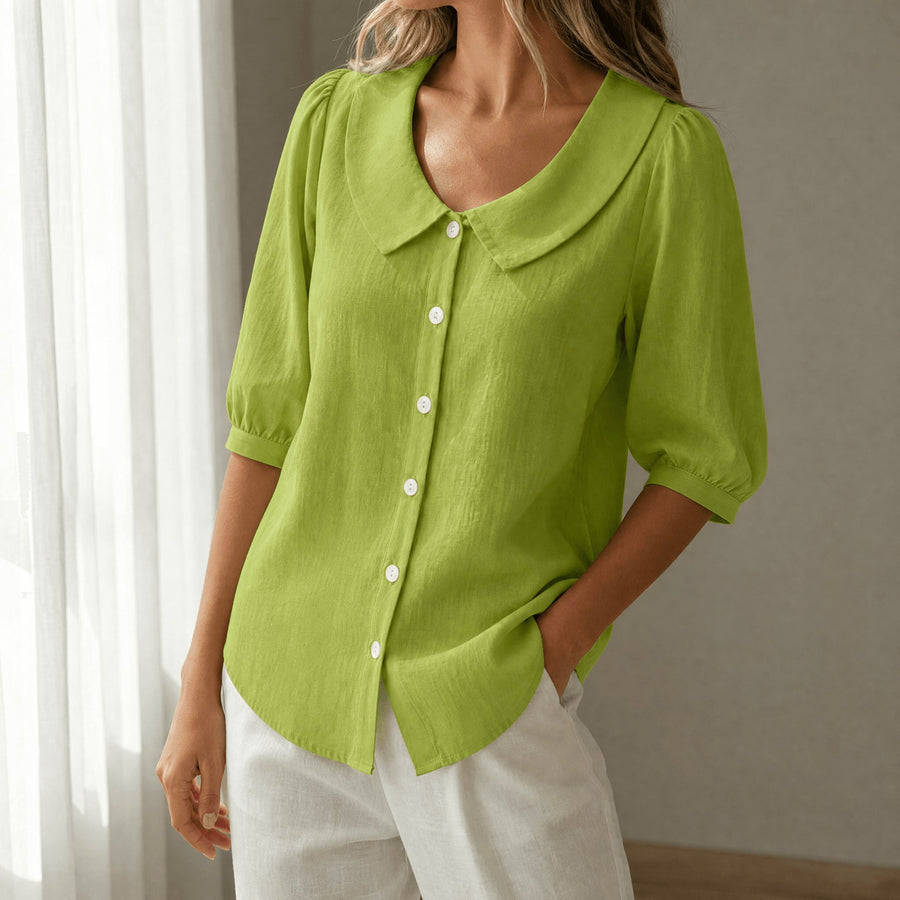 Calvine Women's Peter Pan Collar Button-Up Blouse in Green