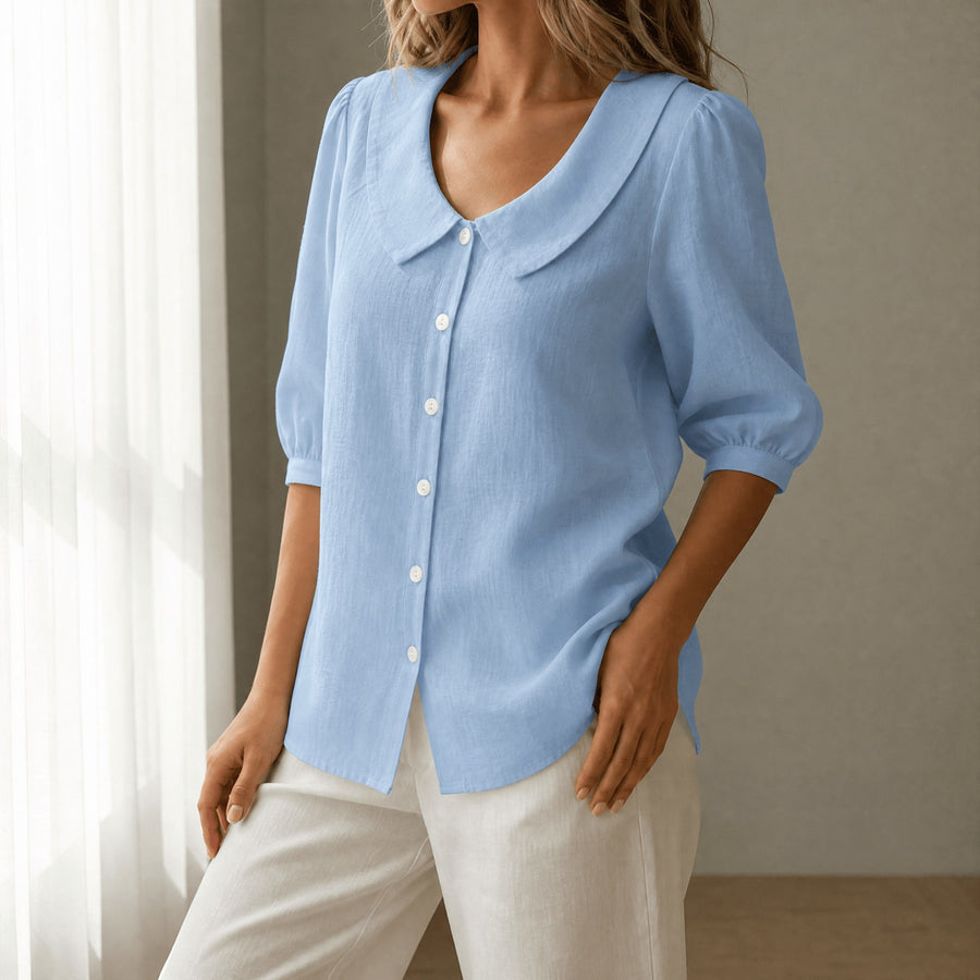 Calvine Women's Peter Pan Collar Button-Up Blouse in Yellow