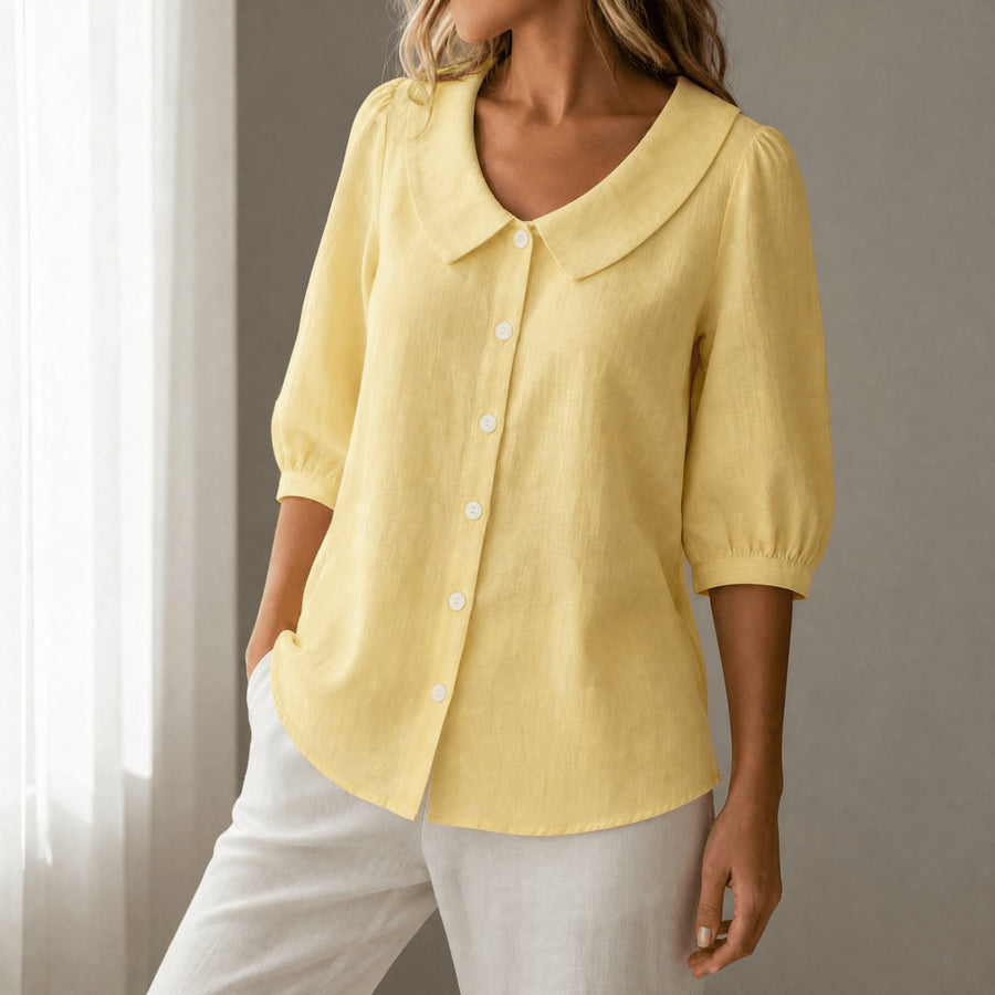 Calvine Women's Peter Pan Collar Button-Up Blouse in Yellow