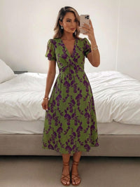 Calvisse Women's Floral Midi Dress Short Sleeve in Green