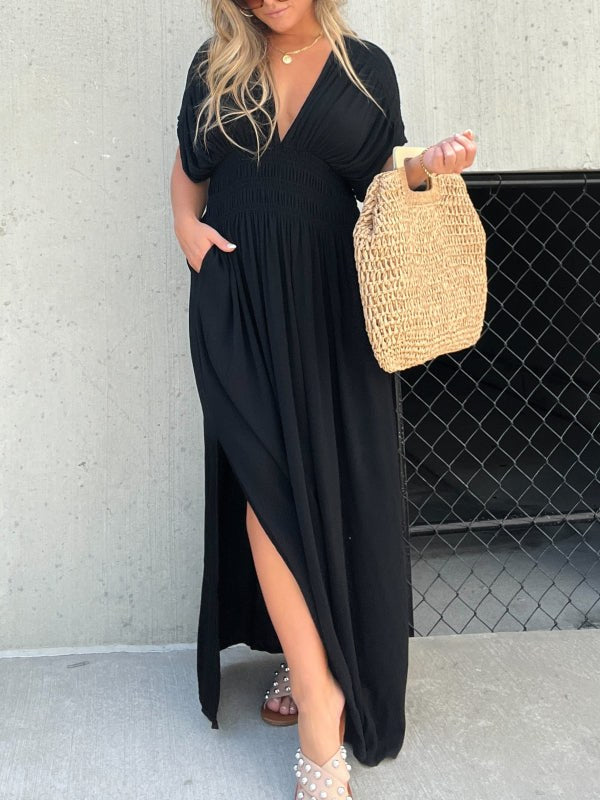 Calvorne Women's Maxi Sundress Deep V-Neck in Black