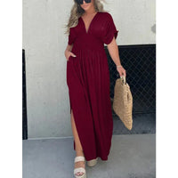 Calvorne Women's Maxi Sundress Deep V-Neck in Wine Red