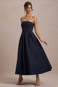 Calvorne Women's Strapless Pleated Midi Party Dress in Dark Blue
