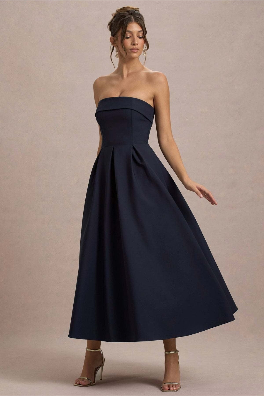 Calvorne Women's Strapless Pleated Midi Party Dress in Dark Blue