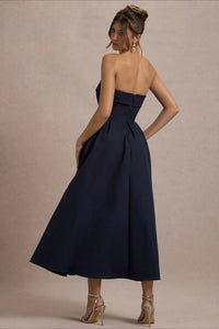 Calvorne Women's Strapless Pleated Midi Party Dress in Dark Blue