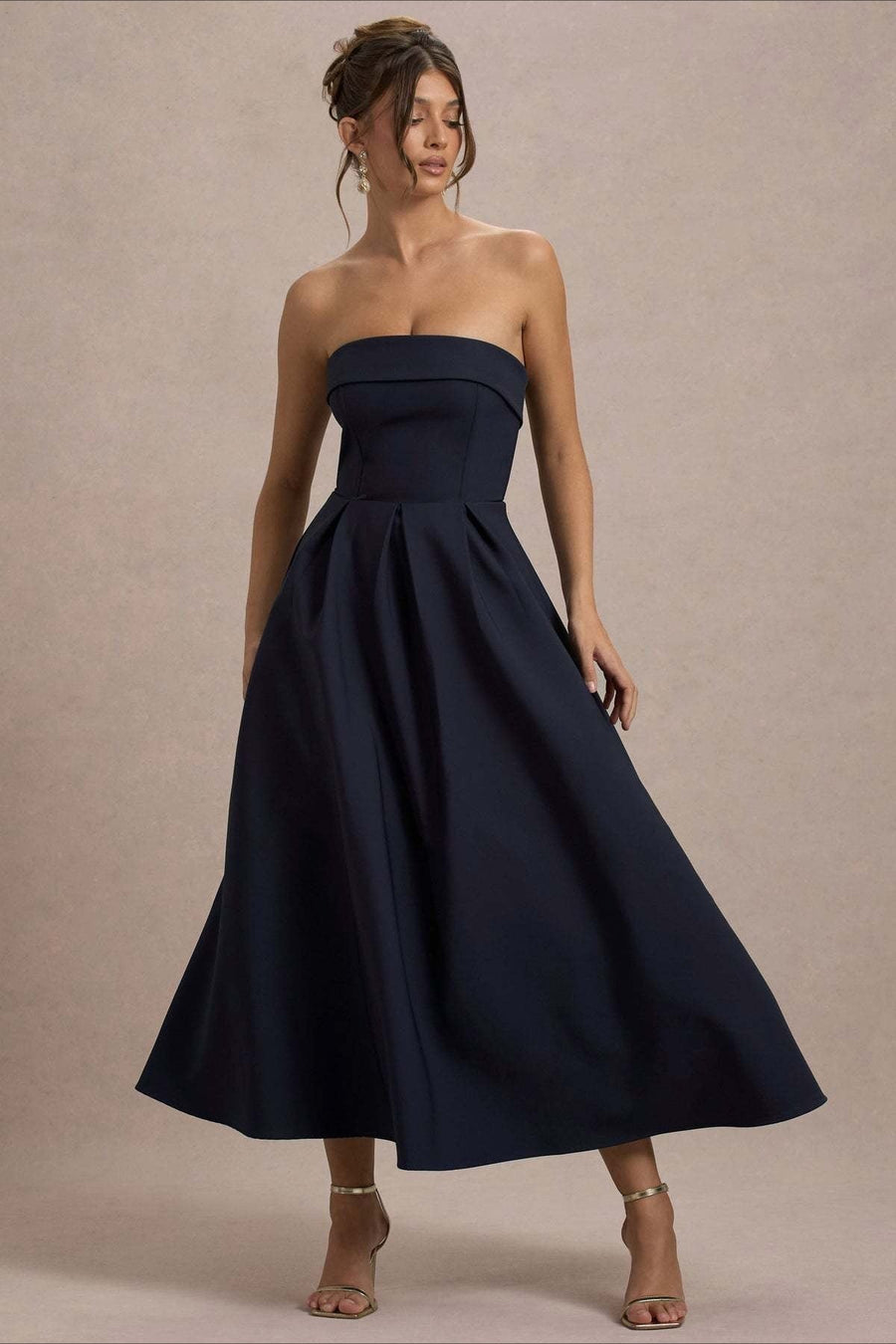 Calvorne Women's Strapless Pleated Midi Party Dress in Dark Blue