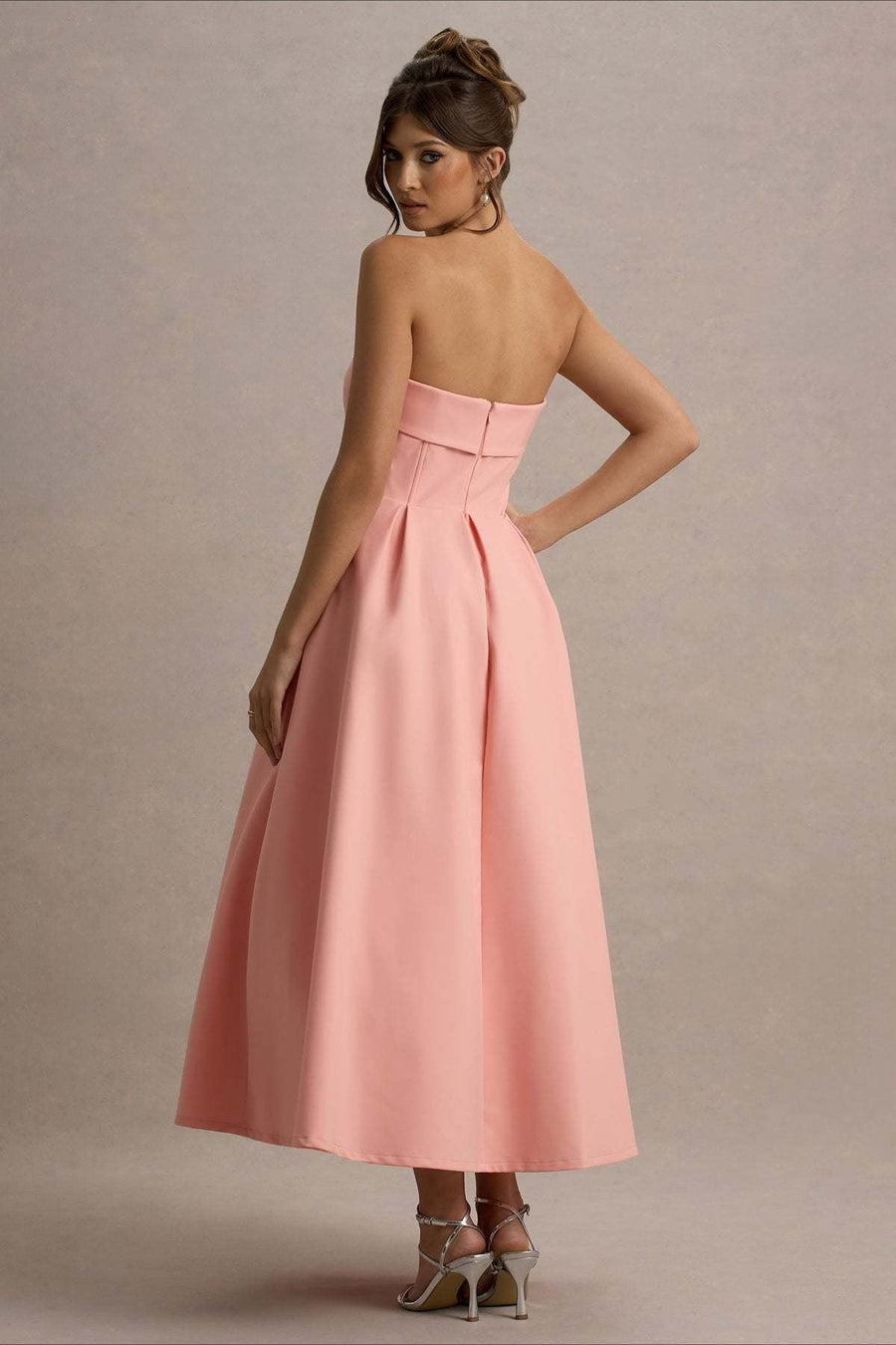 Calvorne Women's Strapless Pleated Midi Party Dress in Pink