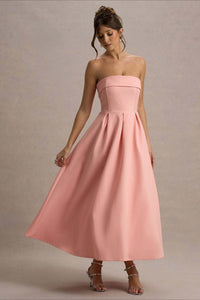 Calvorne Women's Strapless Pleated Midi Party Dress in Pink