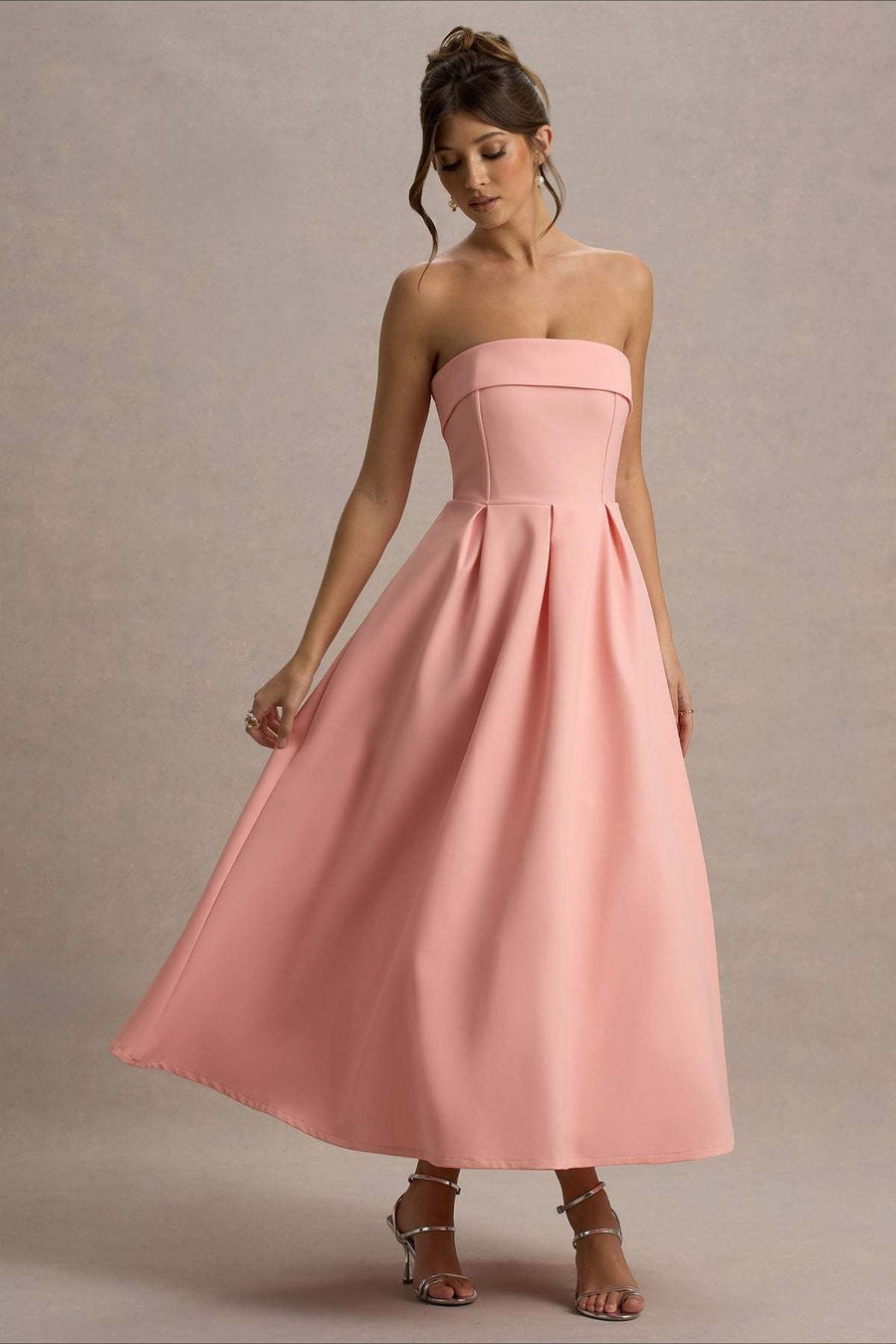 Calvorne Women's Strapless Pleated Midi Party Dress in Pink