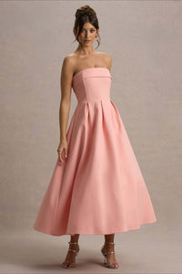 Calvorne Women's Strapless Pleated Midi Party Dress in Pink