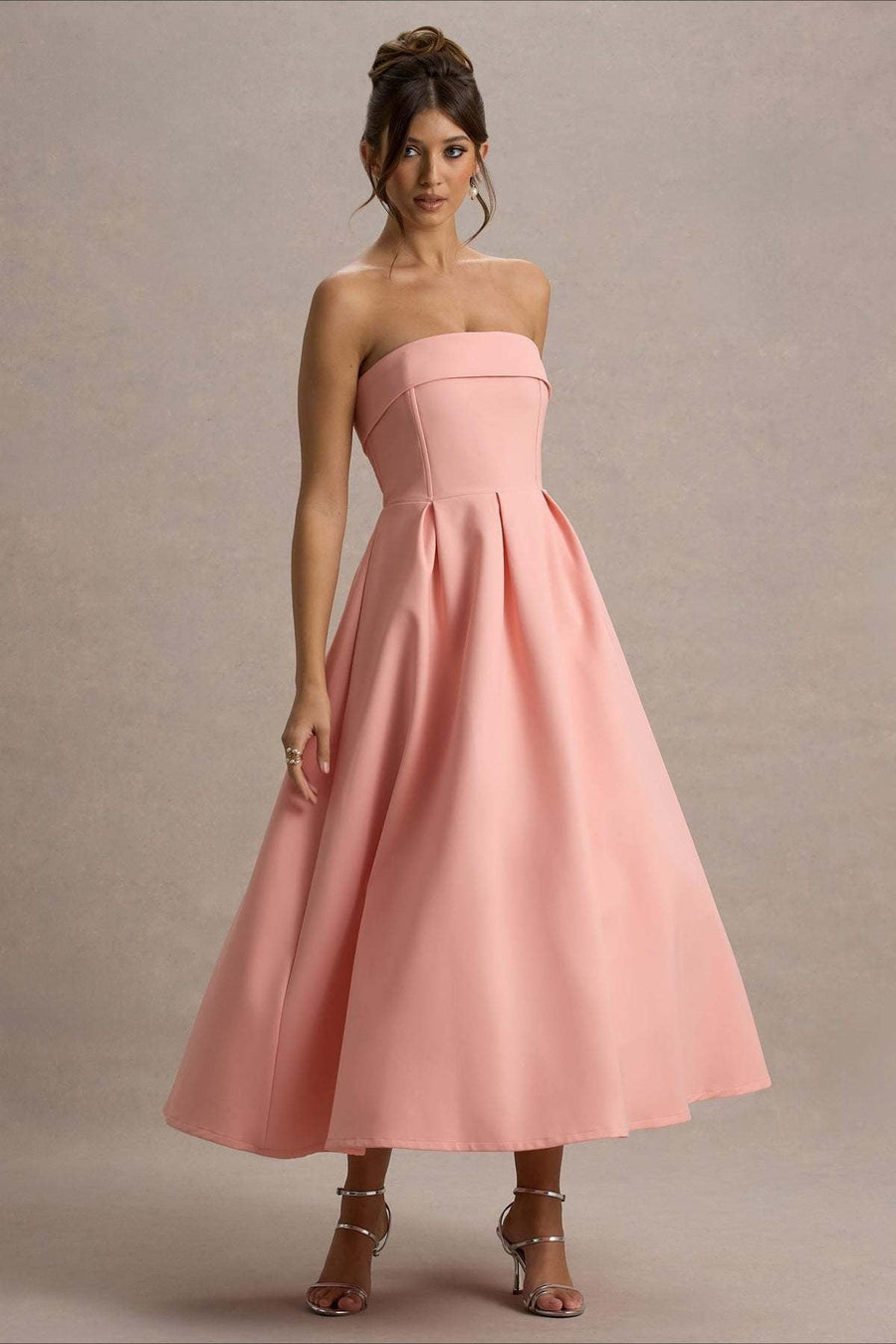 Calvorne Women's Strapless Pleated Midi Party Dress in Pink