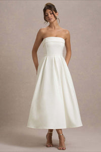 Calvorne Women's Strapless Pleated Midi Party Dress in White