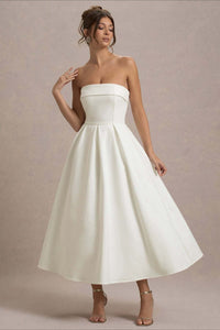 Calvorne Women's Strapless Pleated Midi Party Dress in White