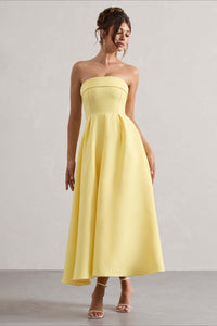 Calvorne Women's Strapless Pleated Midi Party Dress in Yellow