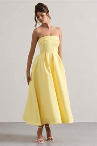 Calvorne Women's Strapless Pleated Midi Party Dress in Yellow