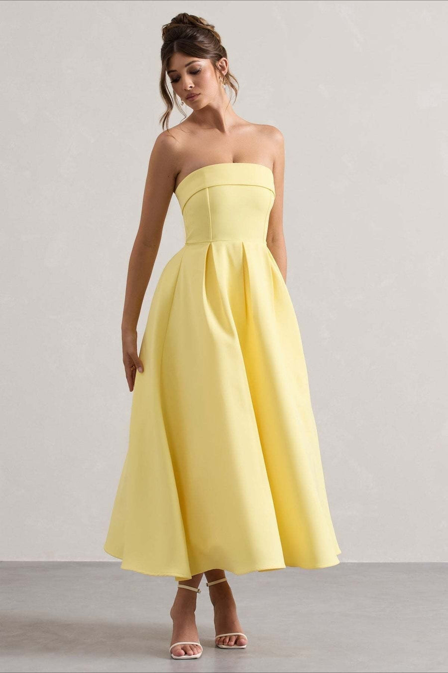 Calvorne Women's Strapless Pleated Midi Party Dress in Yellow