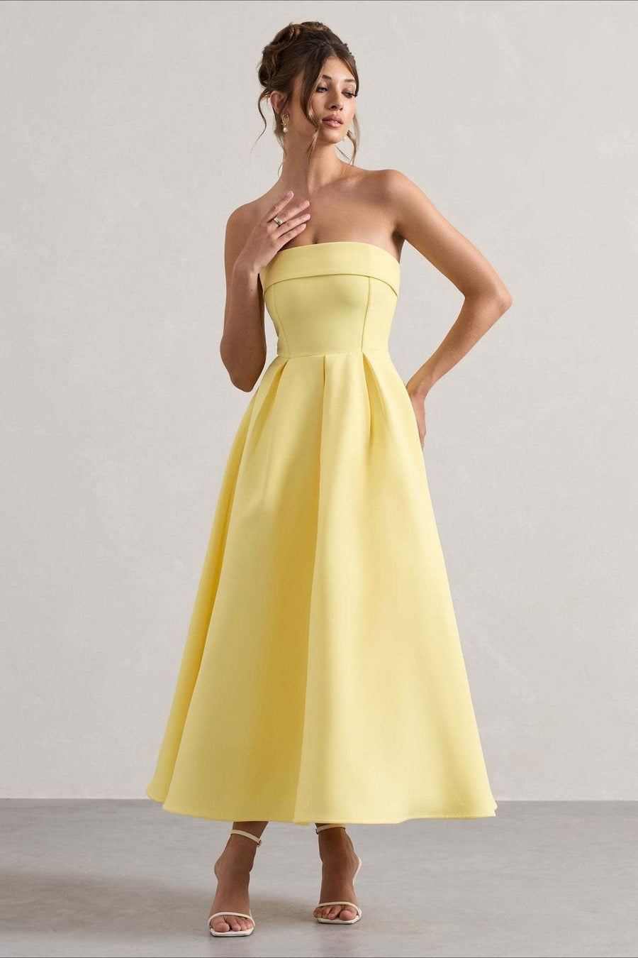 Calvorne Women's Strapless Pleated Midi Party Dress in Yellow