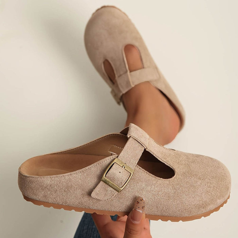 Calypso Women's Buckle T-Bar Closed Toe Clogs in Khaki