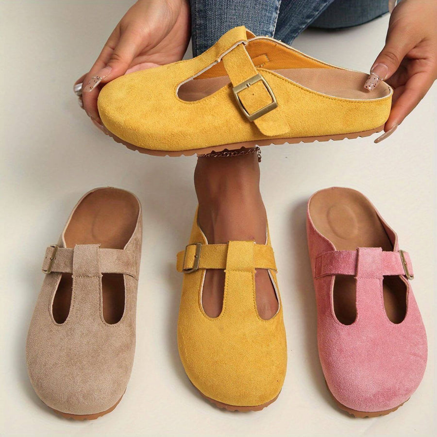 Calypso Women's Buckle T-Bar Closed Toe Clogs in Khaki