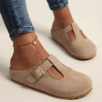 Calypso Women's Buckle T-Bar Closed Toe Clogs in Khaki
