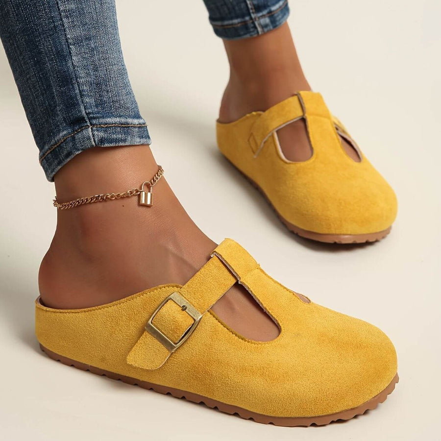 Calypso Women's Buckle T-Bar Closed Toe Clogs in Yellow