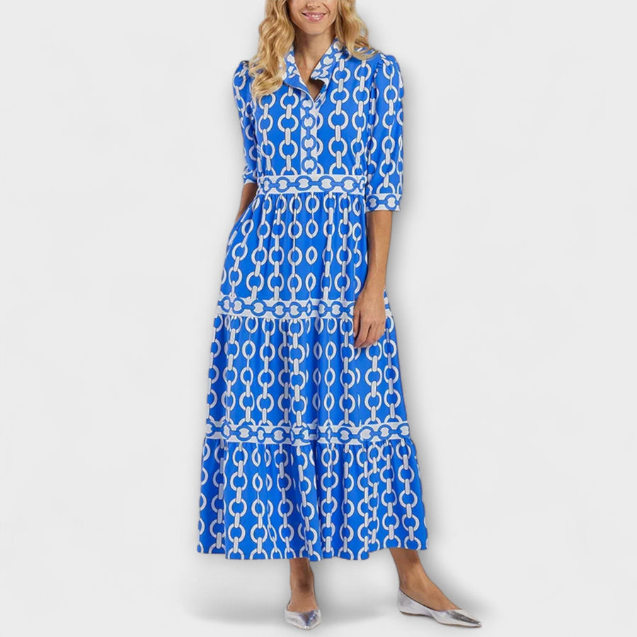 Cambria Women's Chain Print Tiered Midi Dress in Blue