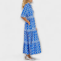 Cambria Women's Chain Print Tiered Midi Dress in Blue
