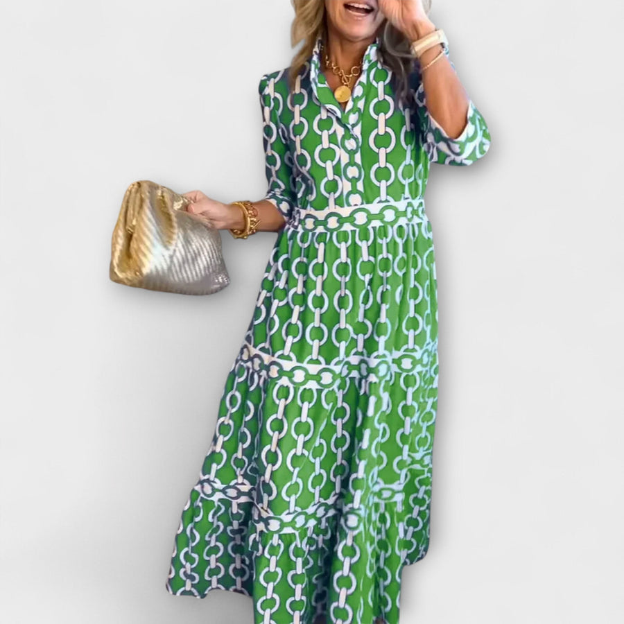 Cambria Women's Chain Print Tiered Midi Dress in Green