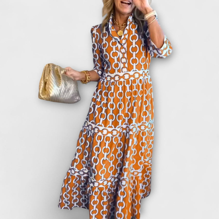 Cambria Women's Chain Print Tiered Midi Dress in Orange