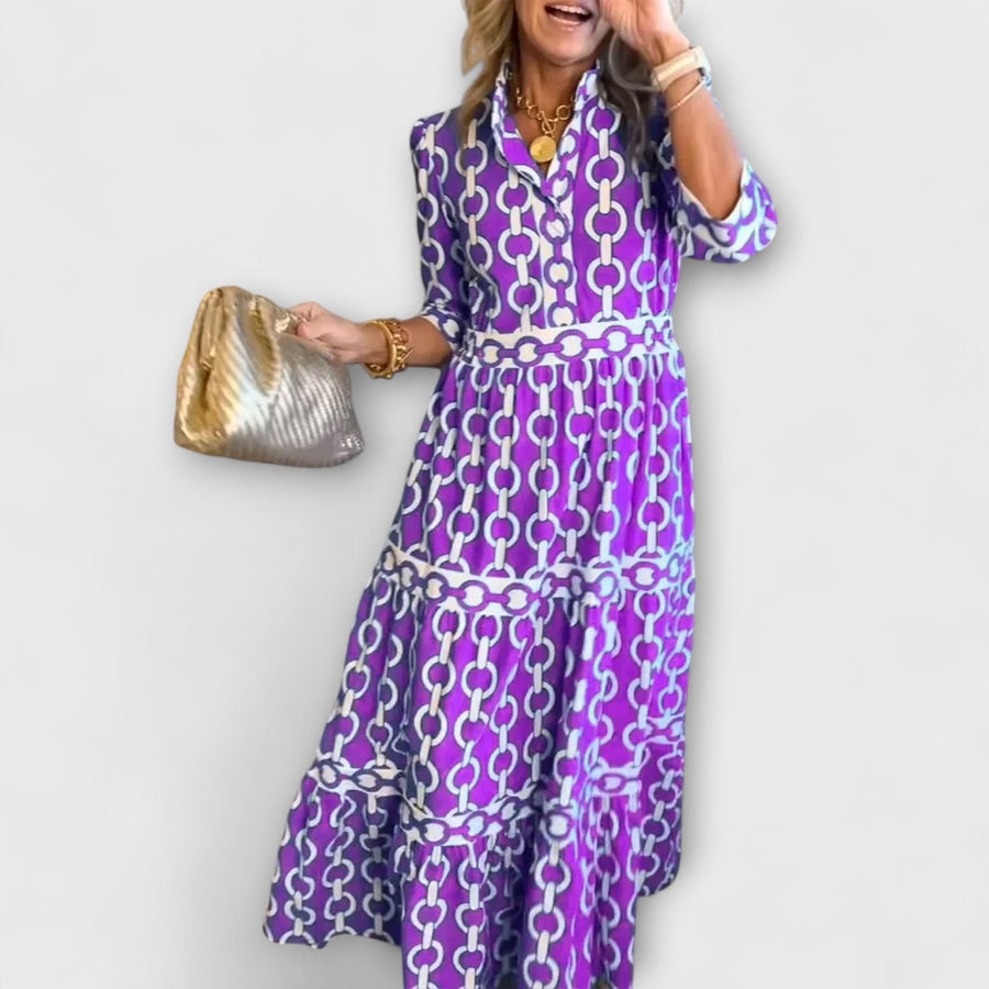 Cambria Women's Chain Print Tiered Midi Dress in Purple
