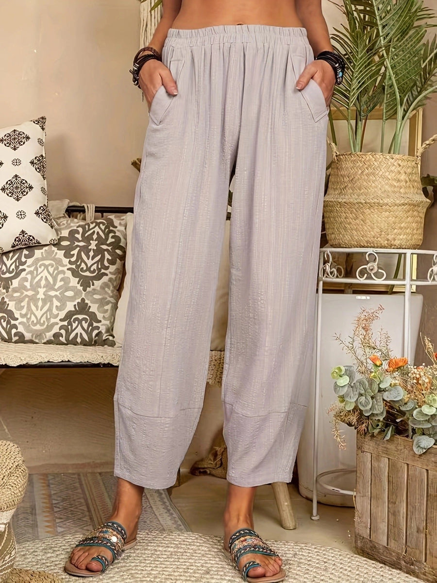 Camila Casual Trousers with Elastic Waist and Pockets in Light Grey